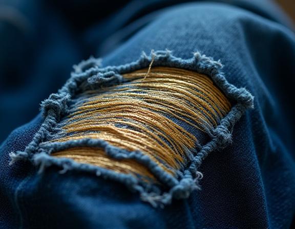 ジーンズの破れた部分が金色の刺繍で美しく修復されている