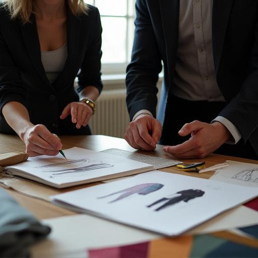 テーラーが顧客と打ち合わせしているデザインスケッチ