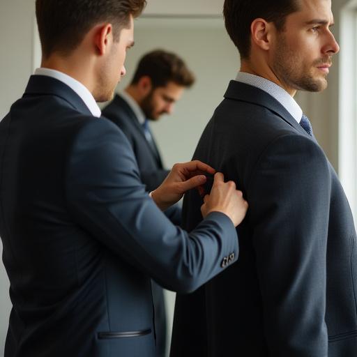 顧客が仮縫いのスーツを試着し、テーラーが調整している場面