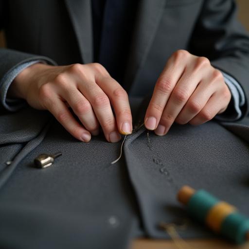 職人の手がジャケットの襟を丁寧に縫い合わせている様子